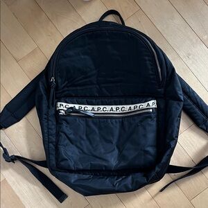 A.P.C. Black Nylon Backpack with Beige Logo Tape